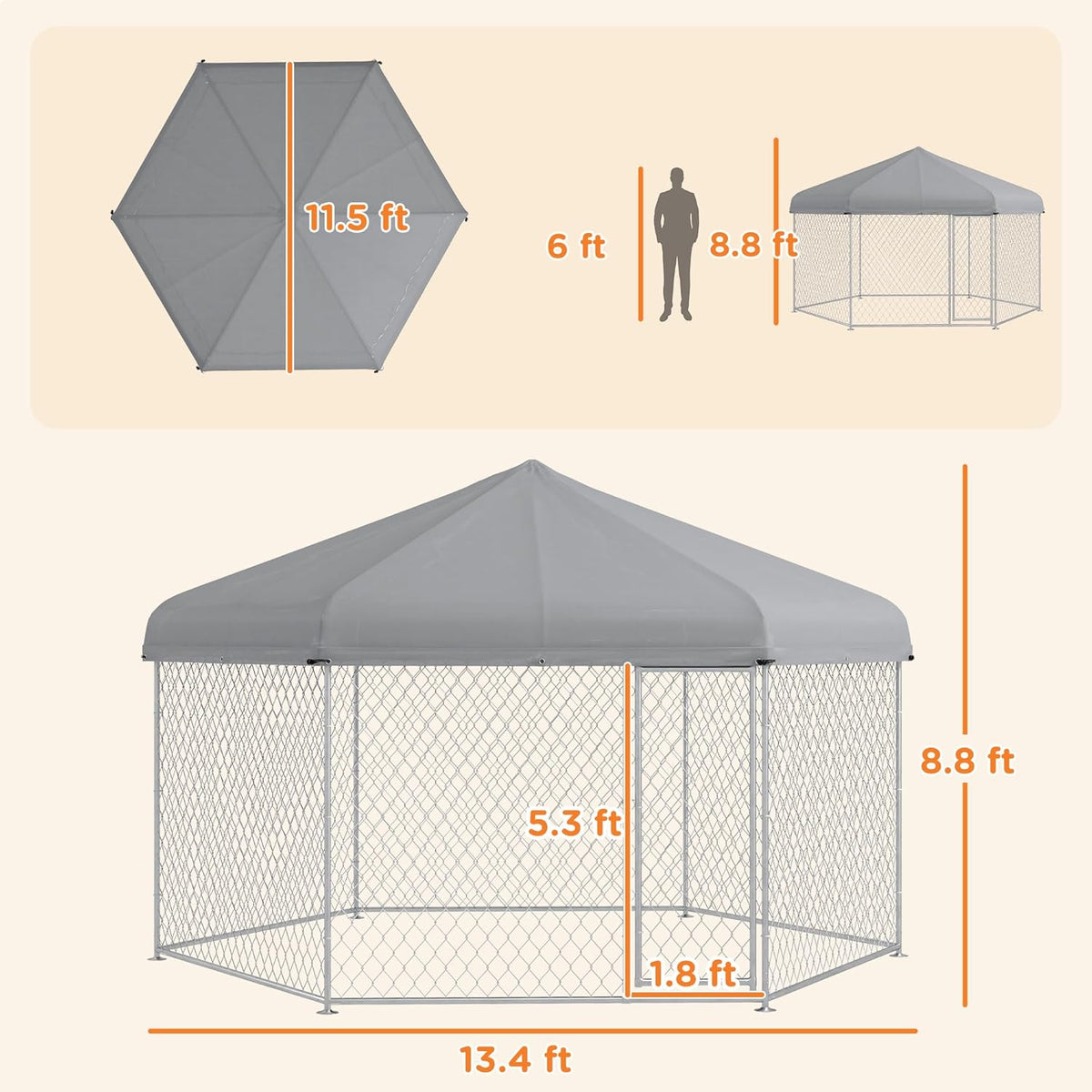13.4' x 11.5' x 8.8' Dog Kennel Outdoor Dog Run with Waterproof Roof, Lockable Door, Silver H681012