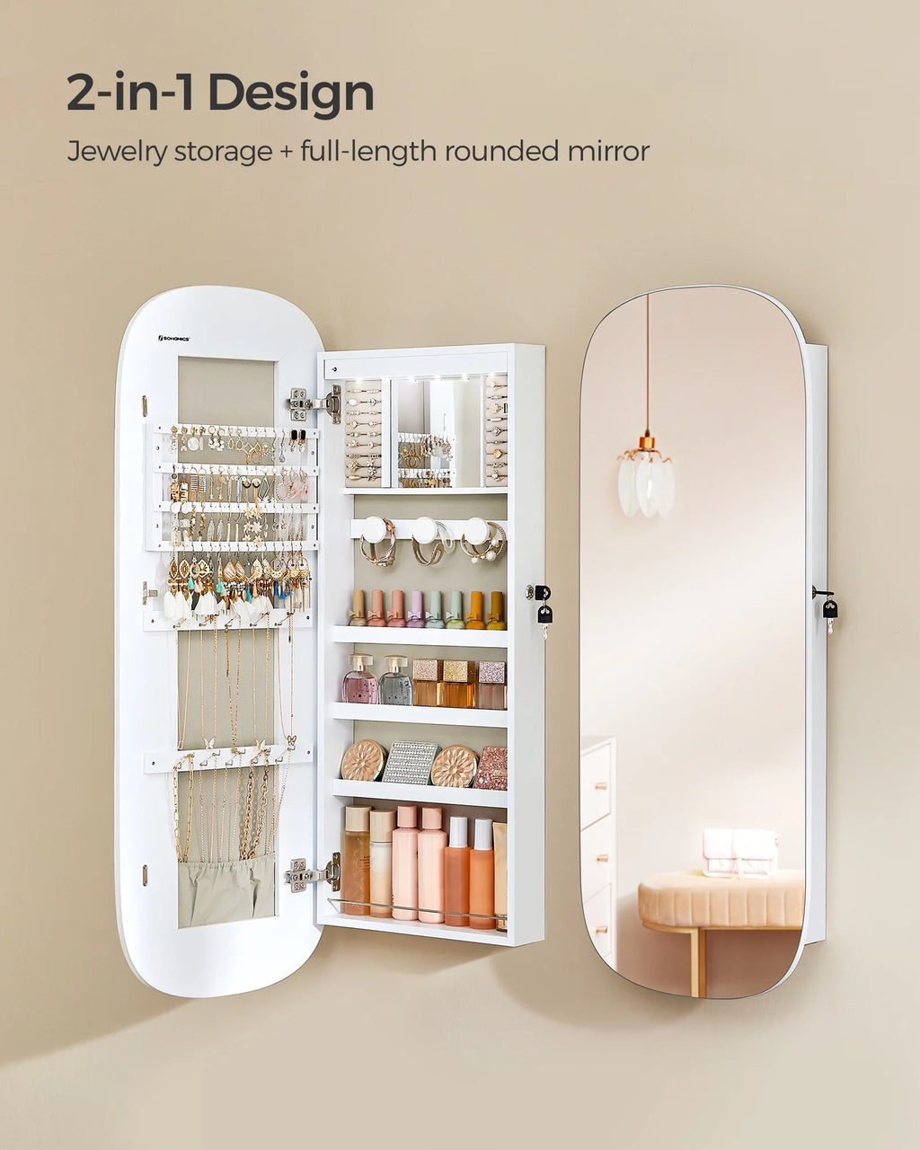 White Lockable Wall Mounted Jewelry Cabinet with Mirror S7894