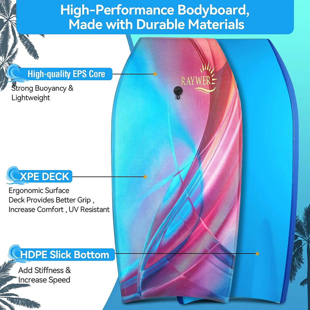 Lightweight Body Board with EPS Core, HDPE Slick Bottom, Leash and Adjustable Wrist Rope Y9164