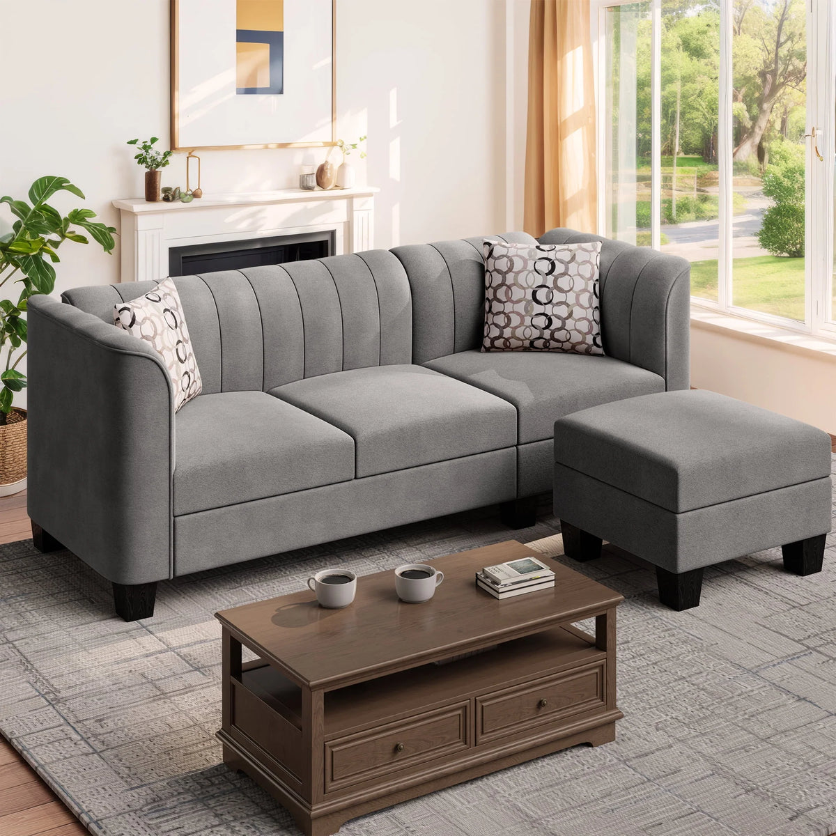 Black L Shaped Linen Fabric Sectional Sofa Y76415