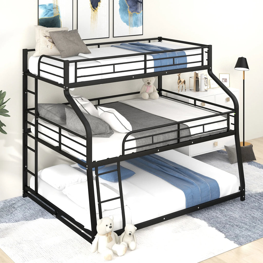 Black Metal Triple Bunk Bed with Ladder and Guardrails M363
