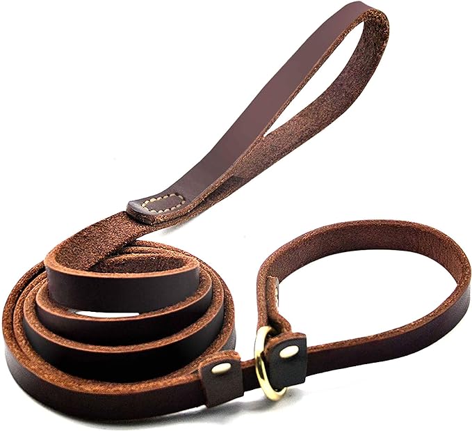 Real Leather Slip Lead Dog Leash, 5ft Long by 0.7" Wide, Brown Q6388