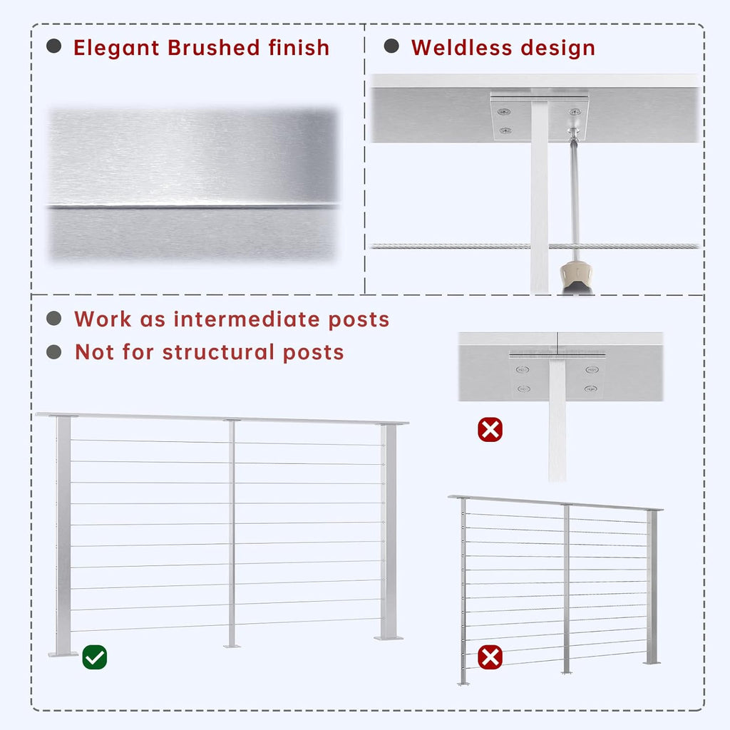 36x3/8x2 Stainless Steel Brushed Pre-Drilled Cable Railing Post G342655