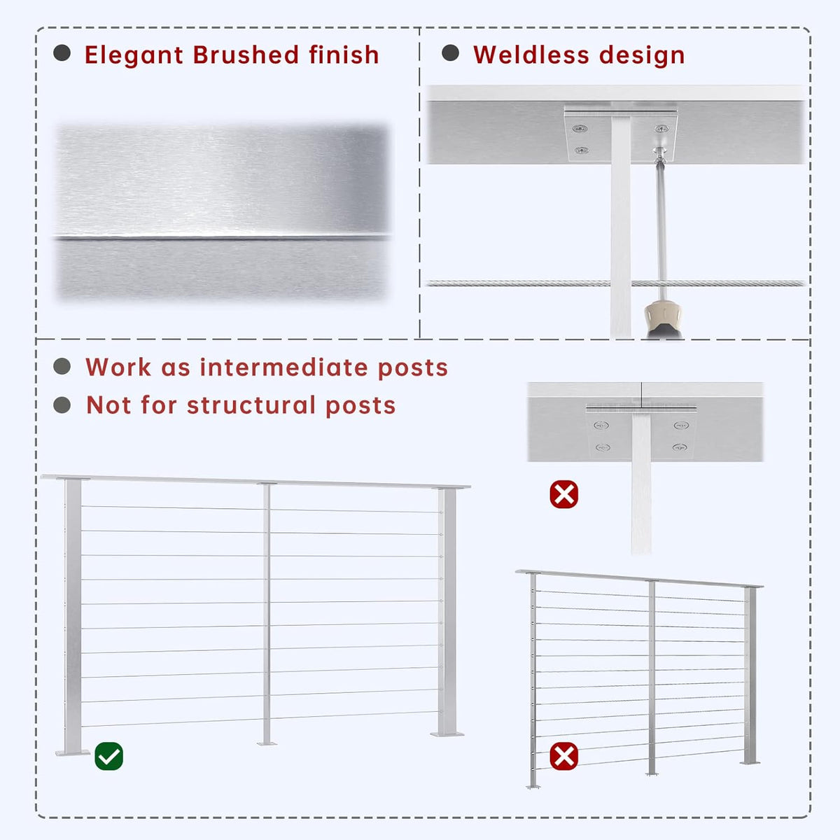 36x3/8x2 Stainless Steel Brushed Pre-Drilled Cable Railing Post G342655