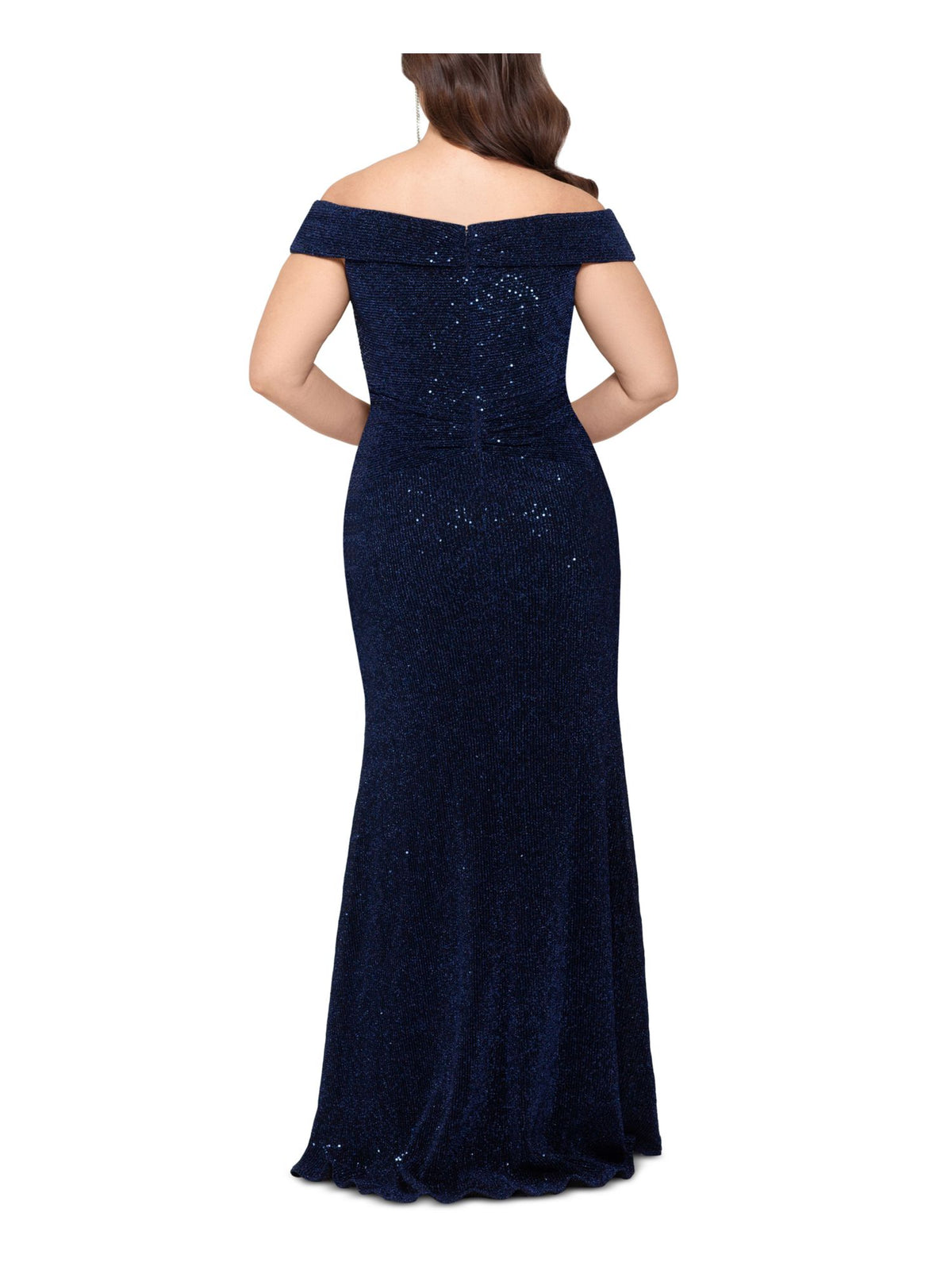 Navy Ruched Zippered Short Sleeve Off Shoulder Full-Length Formal Gown Dress Plus 18W E45904