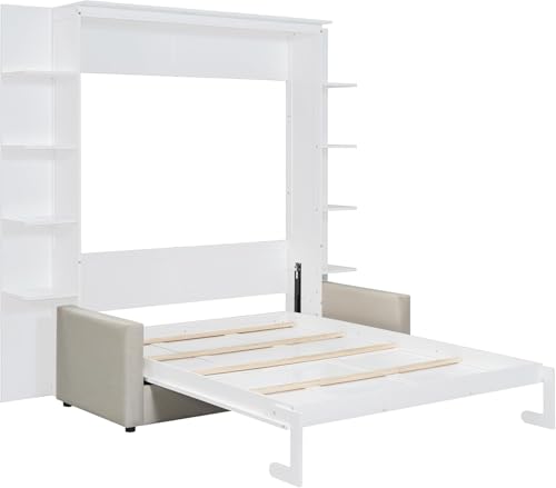 Queen Size Wood Murphy Bed with Storage Shelves and Sofa S257895