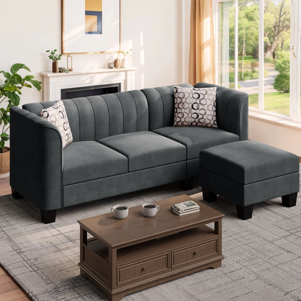 Black L Shaped Linen Fabric Sectional Sofa Y76415