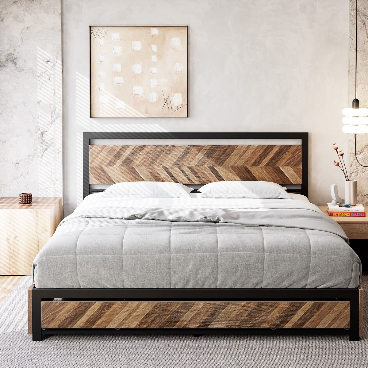 Metal Bed Frame with 4 Storage Drawers, Vintage Wood Headboard, Full Size N84236