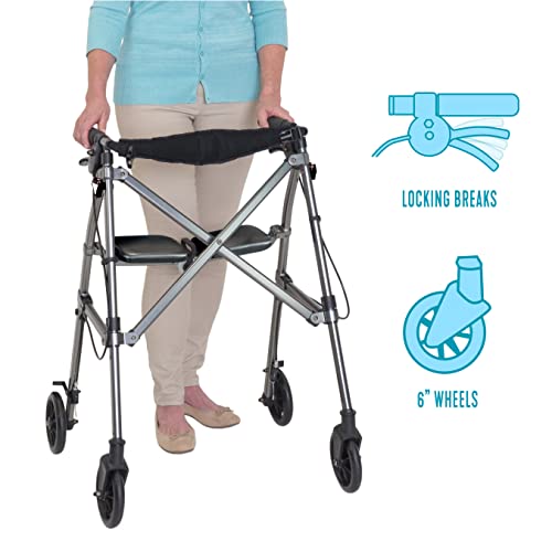 Black Walnut Short Lightweight Folding Rollator with Wheels and Seat A68304