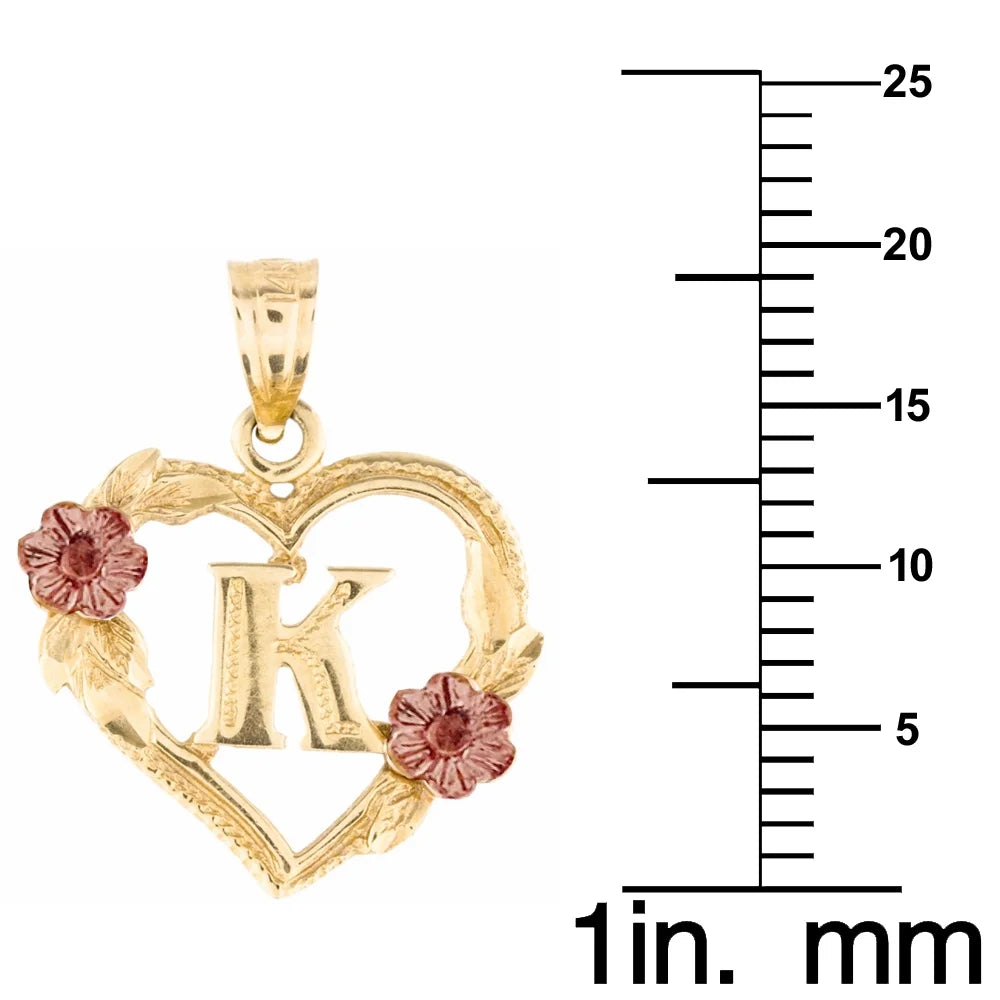 14K Two-Tone Gold Flower and Heart-Shaped Initial Pendant with 16" Chain Necklace Y9345