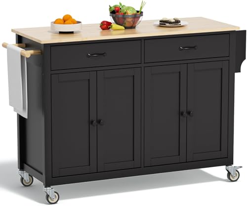 White 53 in Rolling Kitchen Island with Storage Cabinet & Drawers C1790