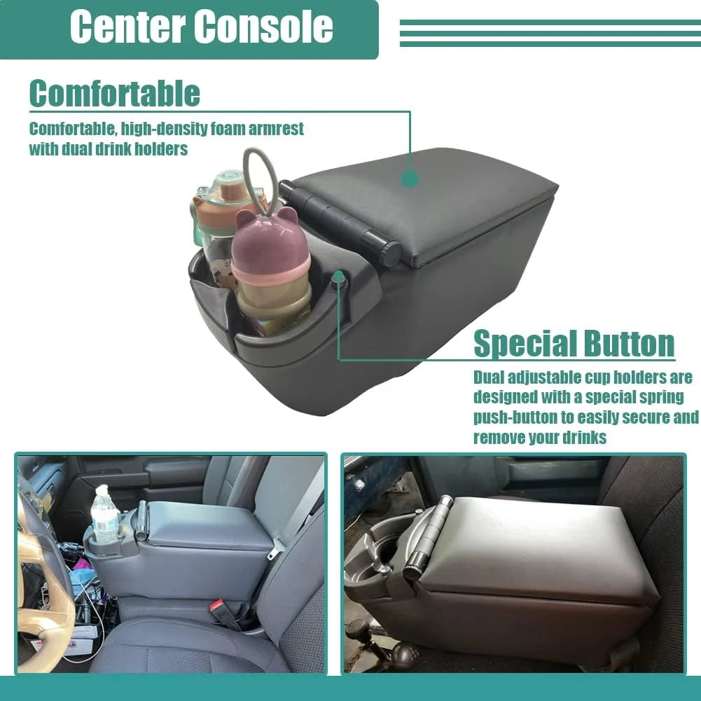Truck Seat Console Organizer with Cup Holders and Padded Lid, Grey X131