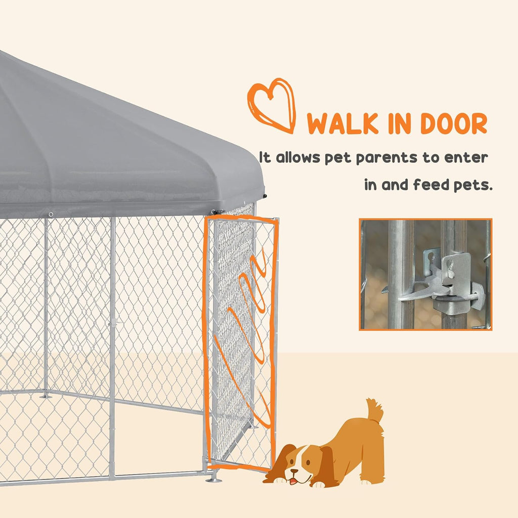 13.4' x 11.5' x 8.8' Dog Kennel Outdoor Dog Run with Waterproof Roof, Lockable Door, Silver H681012