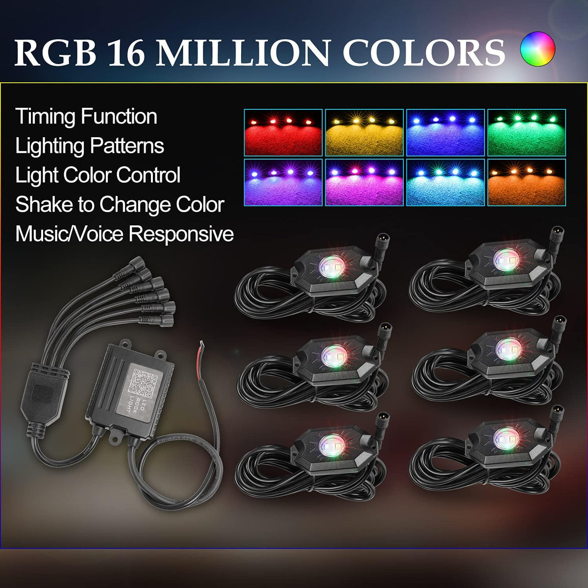 6 Pods Multicolor LED Rock Light Kit with Bluetooth Controller Pack of 2 T3898