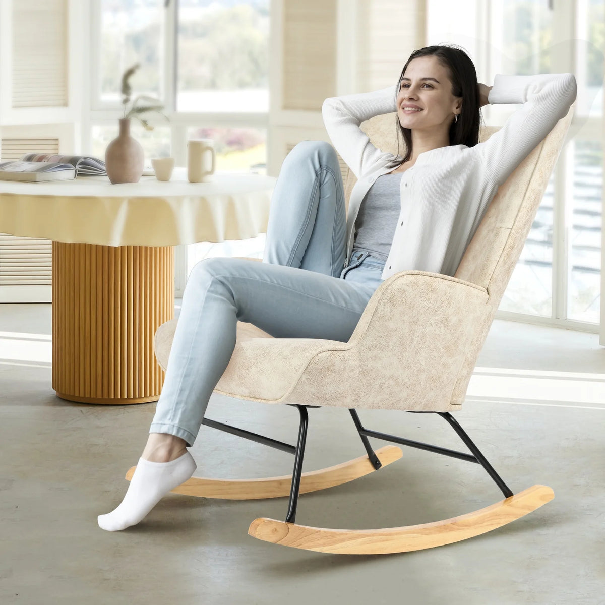 Upholstered Glider Rocking Chair with High Backrest E7930