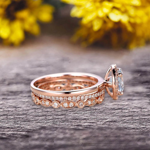 10k Rose Gold 2.25 Carat 6mm Round Cut Aquamarine Engagement Rings With Two Matching Wedding Band Z234