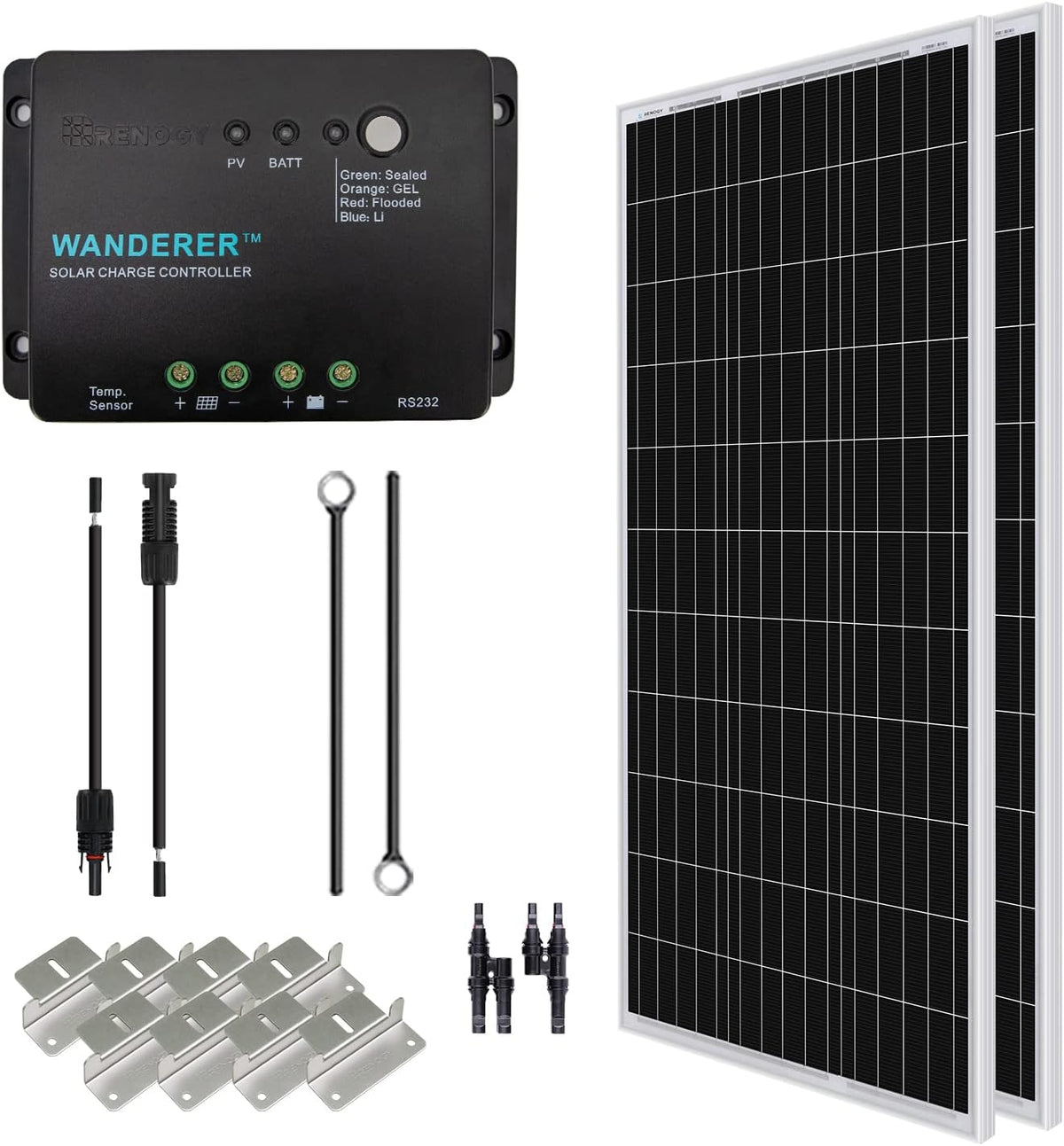 200 Watt 12 Volt Monocrystalline Solar Panel Starter Kit with 2 Pcs 100W Panel and 30A PWM Charge Controller D325