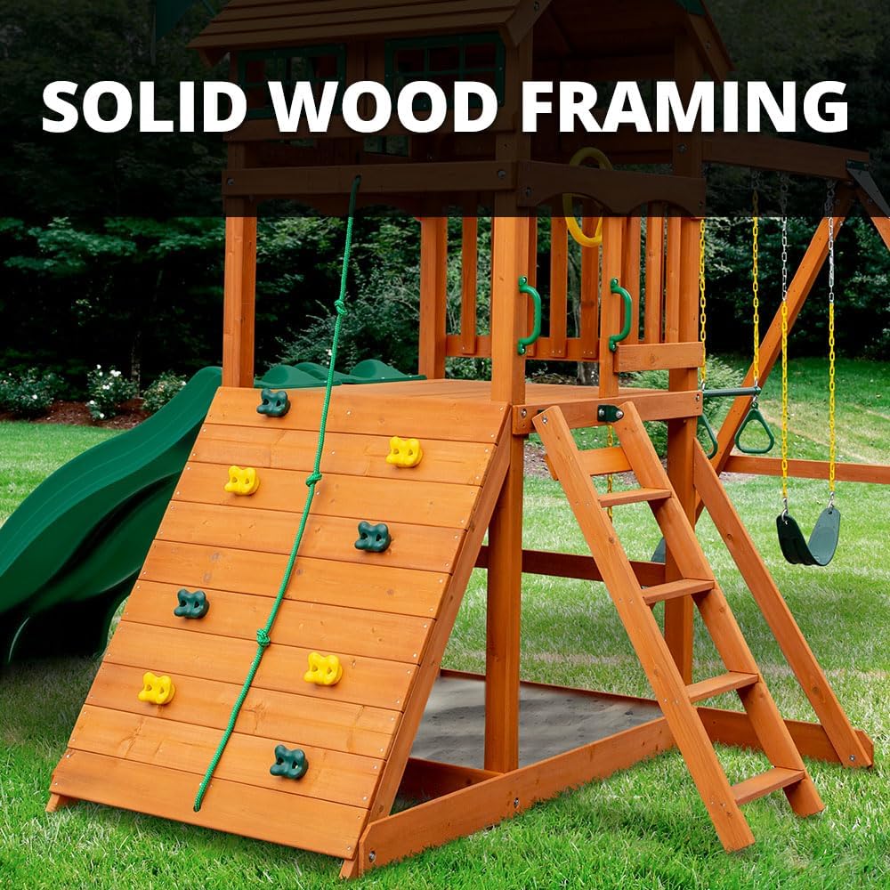 Oversized Green Vinyl Canopy Roof Wooden Swing Set with Climbing Wall, Ladder, Swings and Slide M662669