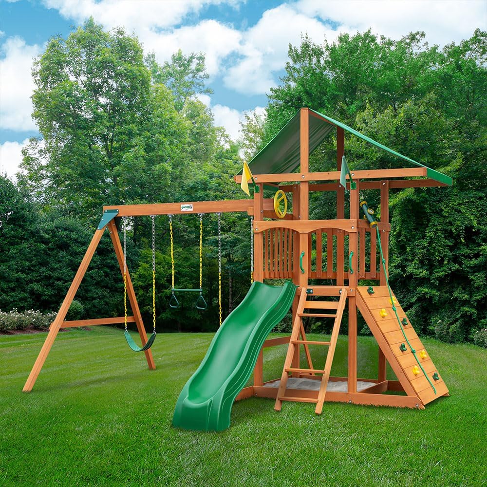 Oversized Green Vinyl Canopy Roof Wooden Swing Set with Climbing Wall, Ladder, Swings and Slide M662669