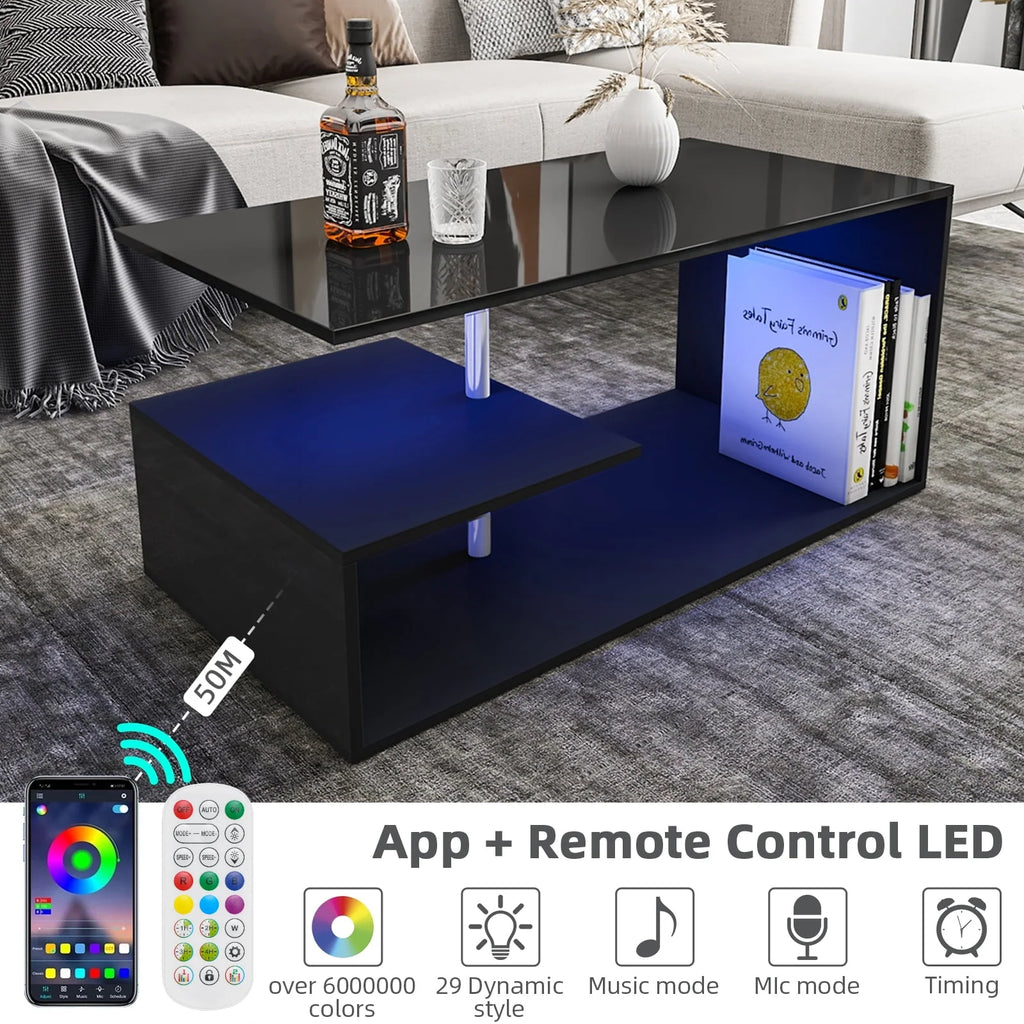 High Gloss Coffee Table with Open Shelf LED Lights White S Shaped P4833