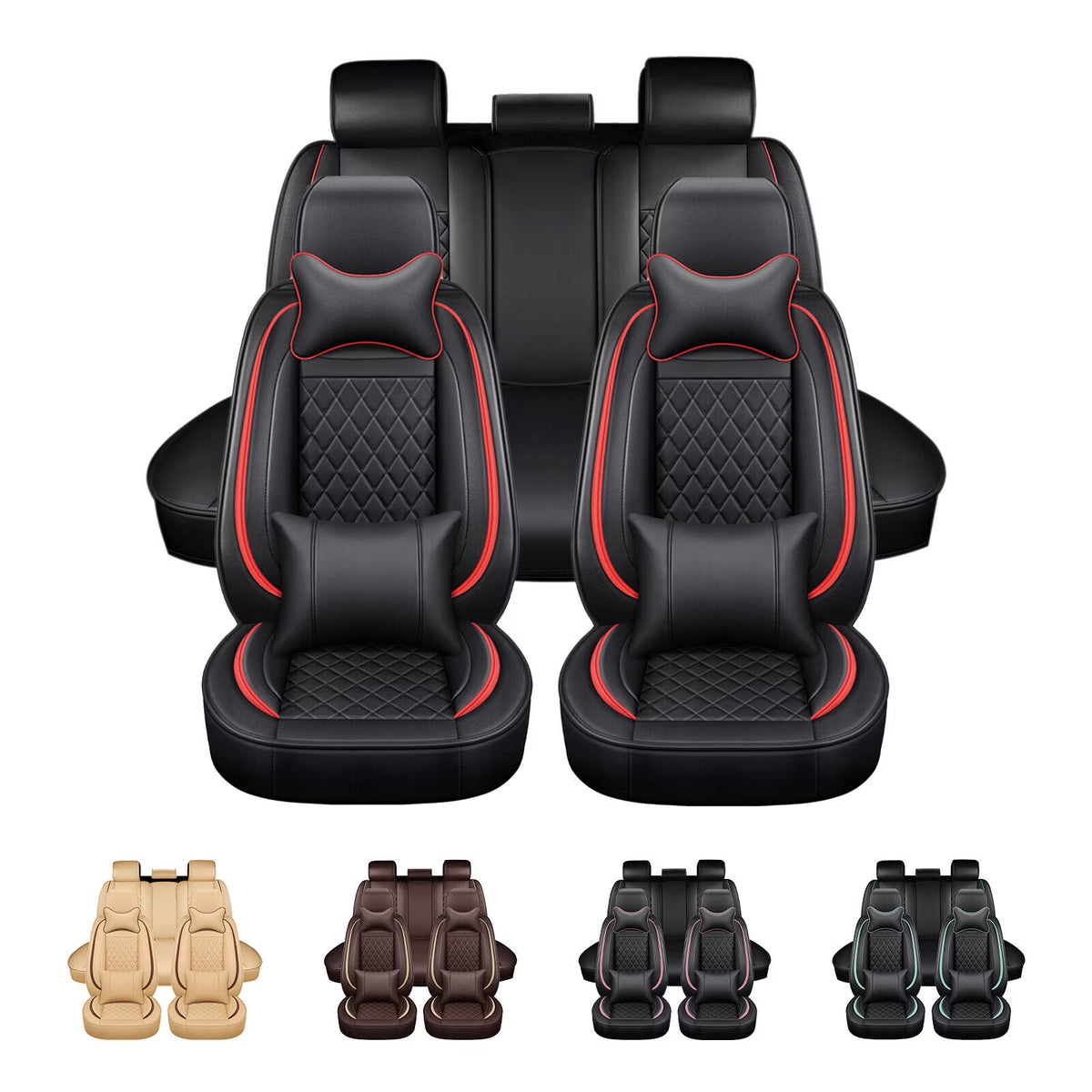 5 Seats PU Leather Car Seat Covers with 4 Pillows Black+Red I61974