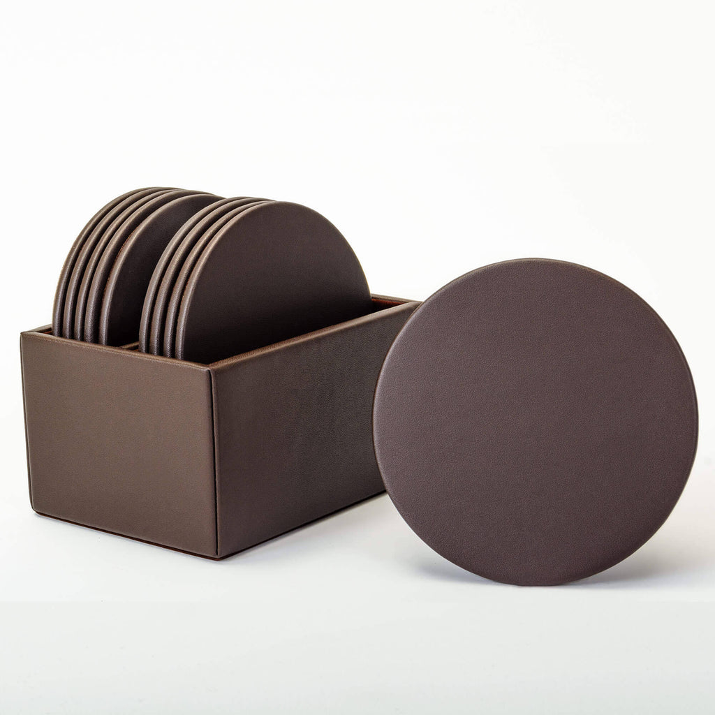Brown Leatherette 10 Round Coaster Set I945