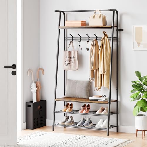 Coat Rack Shoe Bench with 5 Hooks, Wood Look Accent Furniture with Metal Frame B742