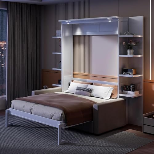 Queen Size Wood Murphy Bed with Storage Shelves and Sofa S257895