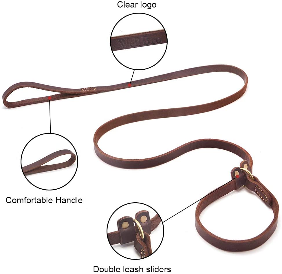 Real Leather Slip Lead Dog Leash, 5ft Long by 0.7" Wide, Brown Q6388