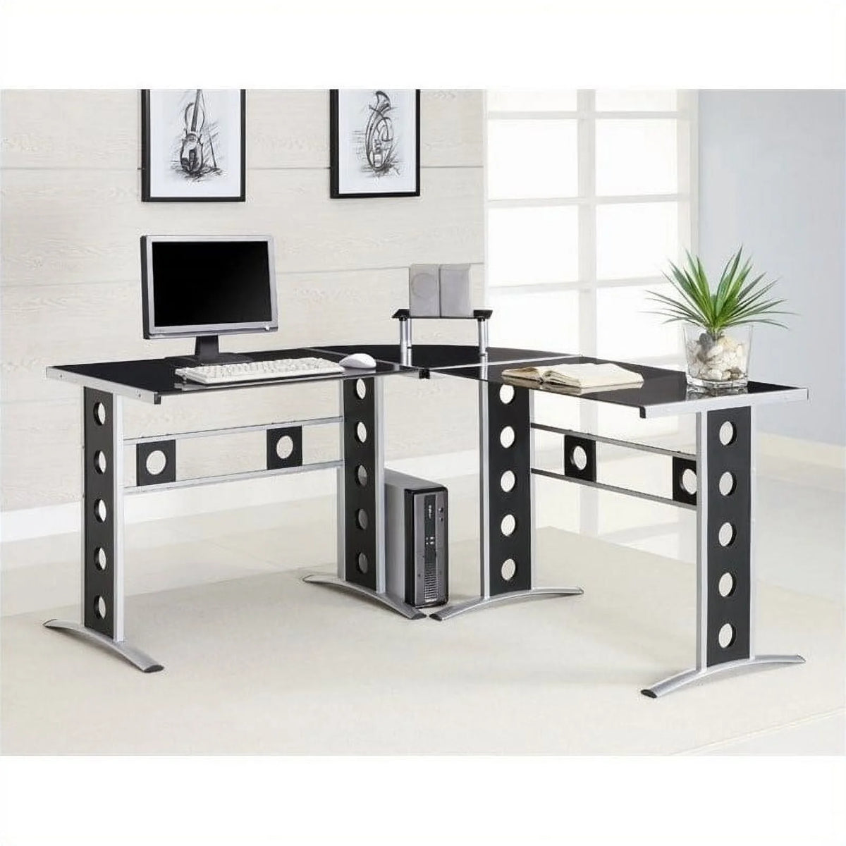 2PC Office Set with Chair and L Shape Computer Desk in Black I326340