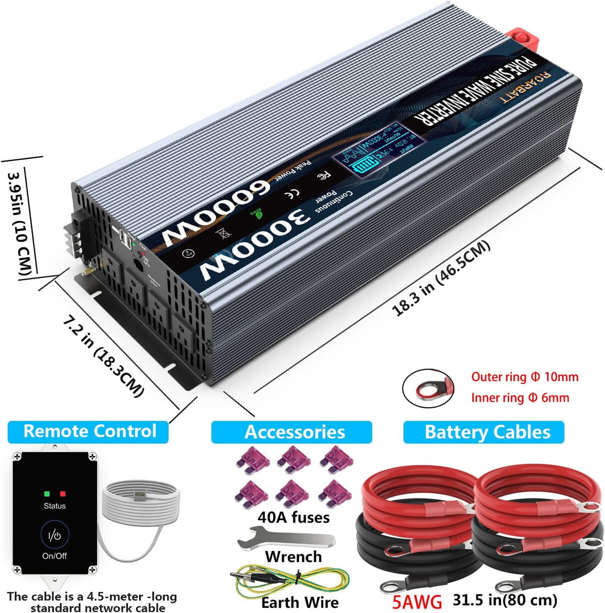 Pure Sine Wave Power Inverter 3000Watt 12V DC to AC 110V 120V with Remote Control 4 AC Outlets Dual USB Port P141749