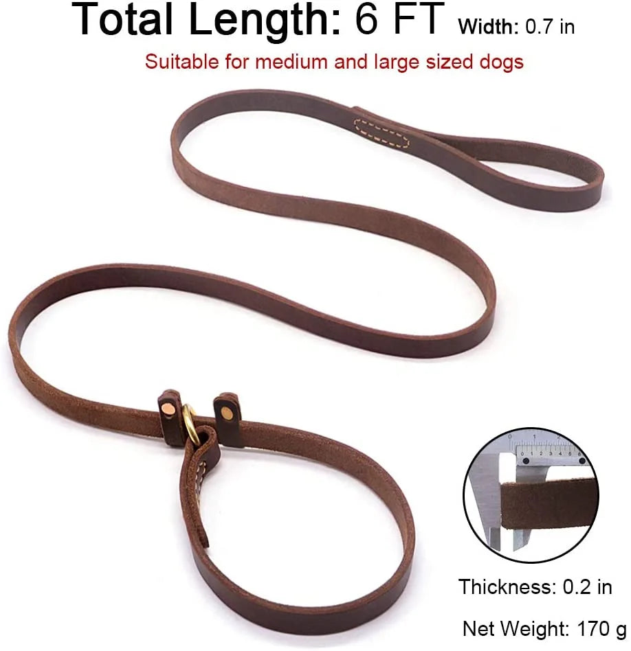 Real Leather Slip Lead Dog Leash, 5ft Long by 0.7" Wide, Brown Q6388