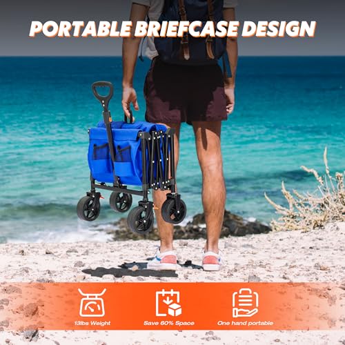Blue Heavy Duty Collapsible Folding Wagon Cart with All-Terrain Big Wheels X6798