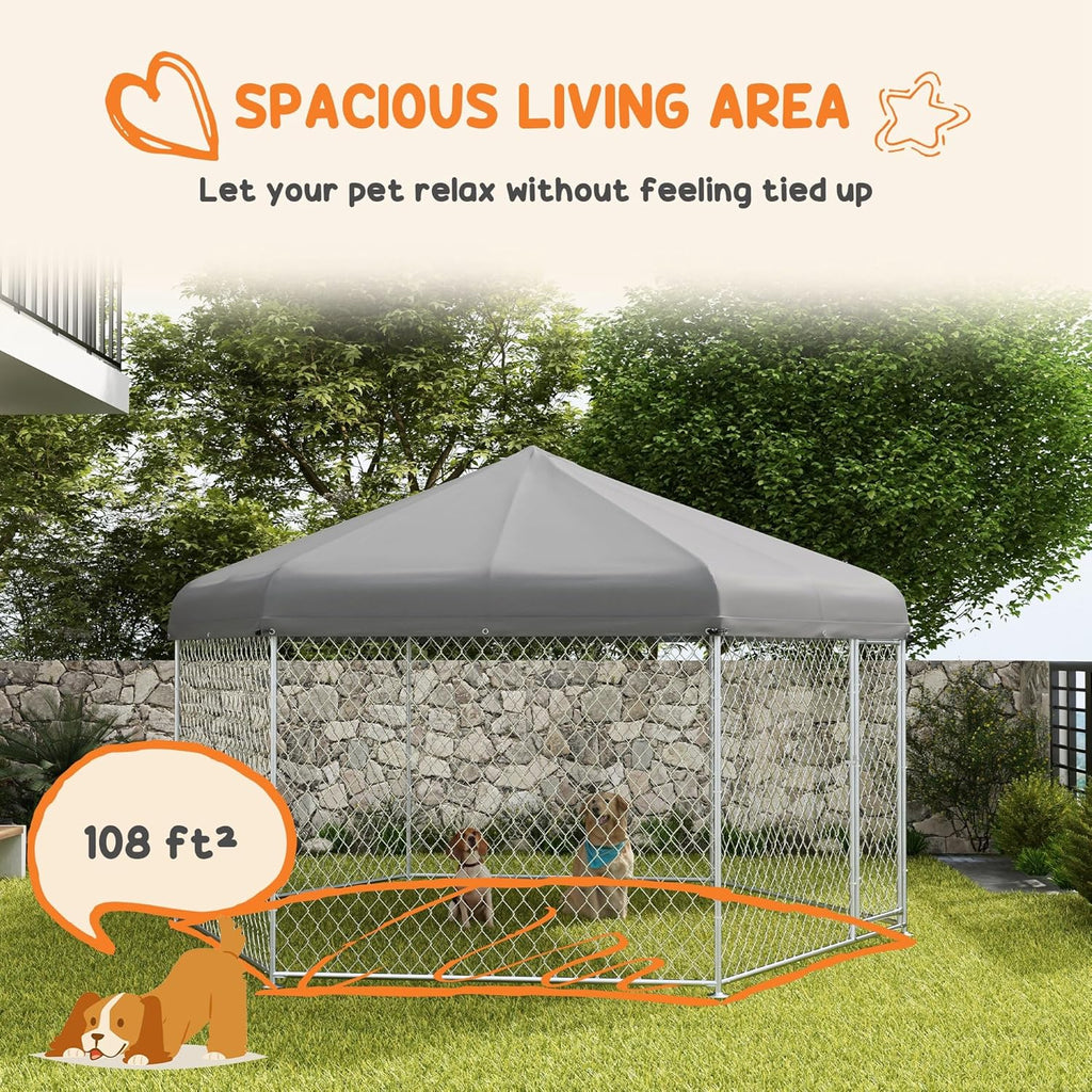 13.4' x 11.5' x 8.8' Dog Kennel Outdoor Dog Run with Waterproof Roof, Lockable Door, Silver H681012
