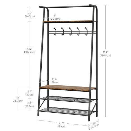 Coat Rack Shoe Bench with 5 Hooks, Wood Look Accent Furniture with Metal Frame B742