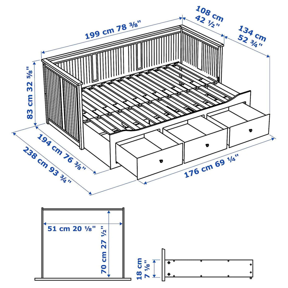Black-Brown Twin Daybed Frame with 3 Drawers L533