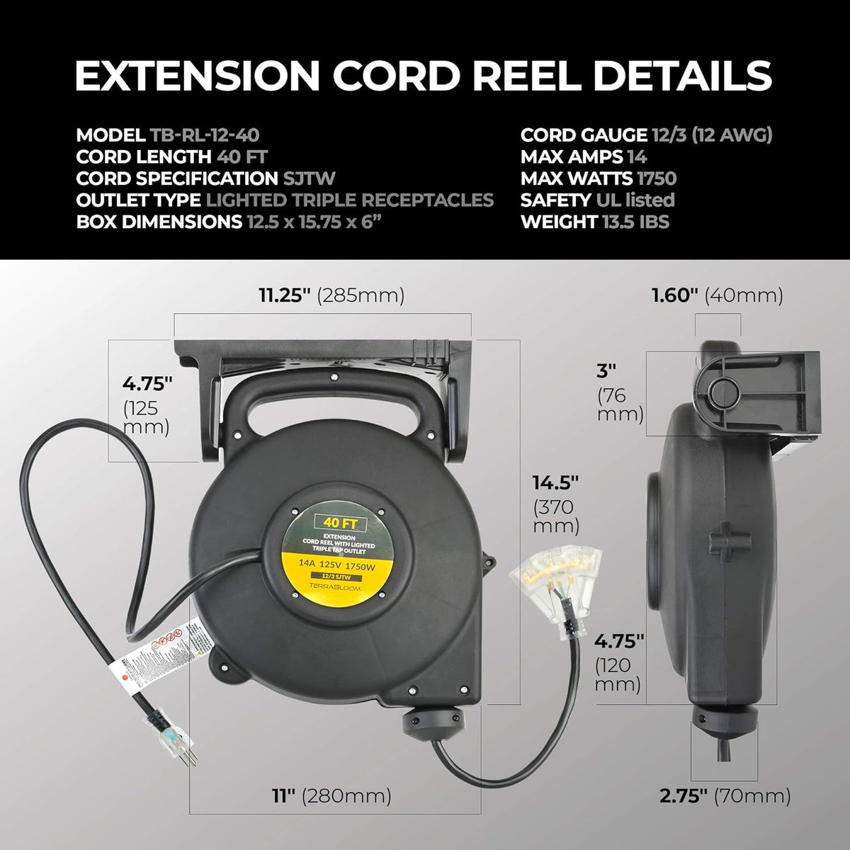 40 Ft 12/3 Retractable Extension Cord Reel with 3 Outlets Z143390
