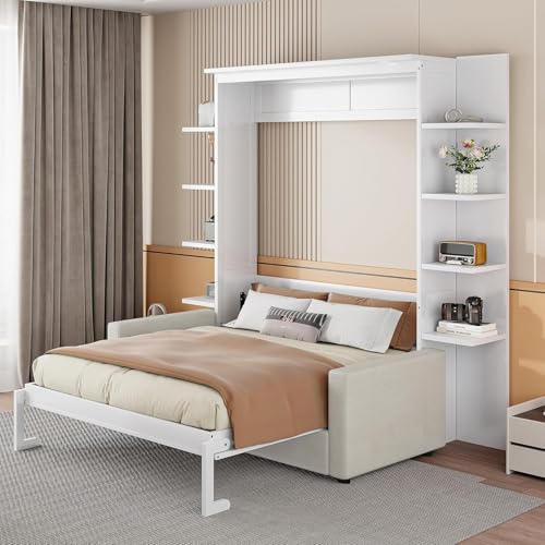 Queen Size Wood Murphy Bed with Storage Shelves and Sofa S257895