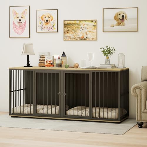 71.6'' Metal Steel Frame Double Dog Kennel with 2 Rooms and Removable Divider Black M212