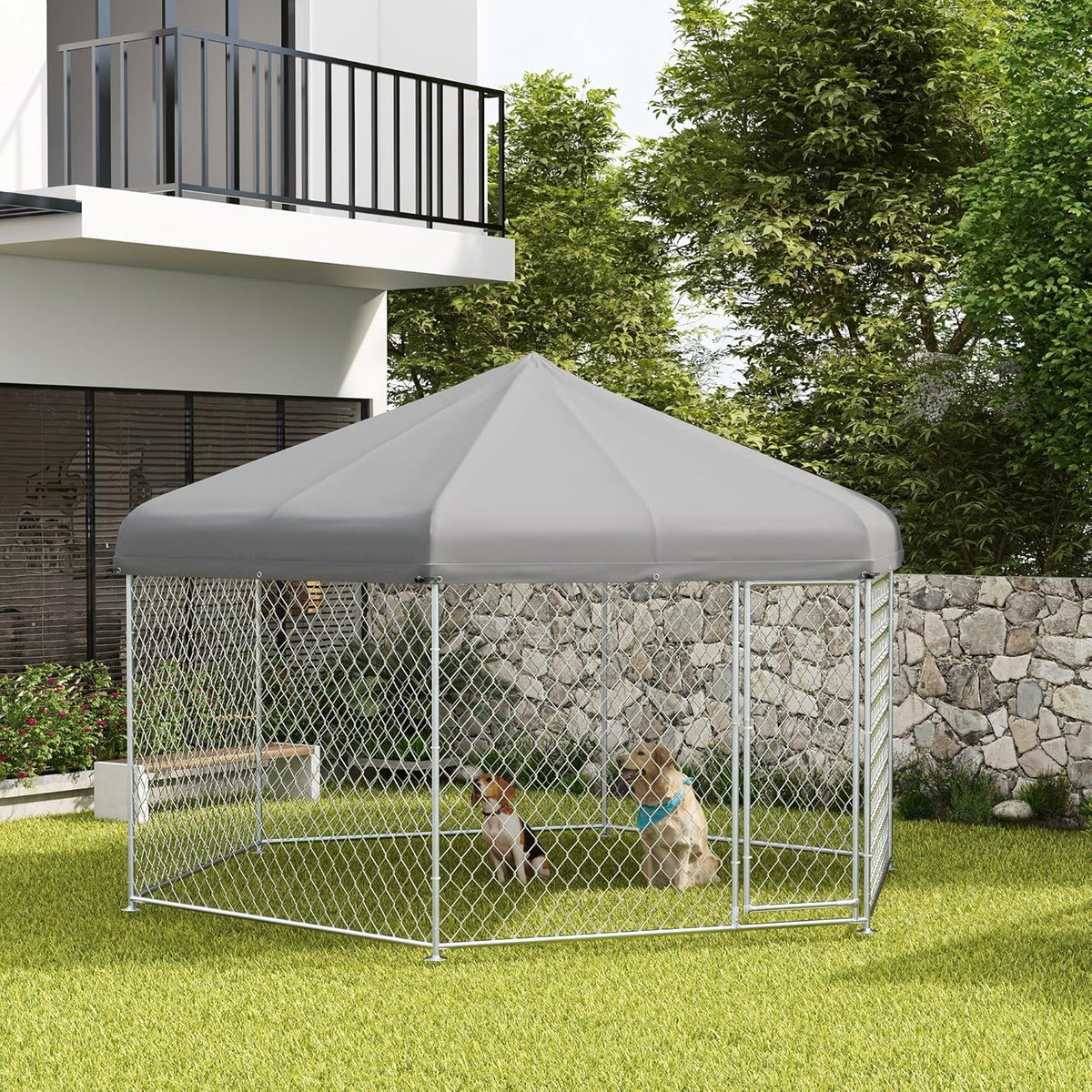 13.4' x 11.5' x 8.8' Dog Kennel Outdoor Dog Run with Waterproof Roof, Lockable Door, Silver H681012