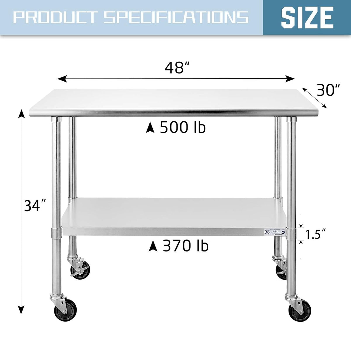 Stainless Steel Table 30 x 48 Inches with Caster Wheels J2690