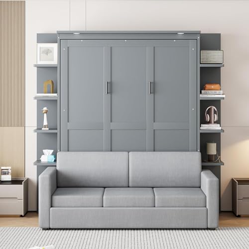 Queen Size Wood Murphy Bed with Storage Shelves and Sofa S257895
