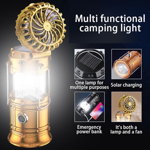 5-in-1 Portable LED Camping Lantern with Fan, Solar/USB Rechargeable, Lightweight ABS (Silver, 17.7X10X7.7cm) J974397