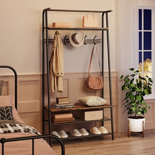 Coat Rack Shoe Bench with 5 Hooks, Wood Look Accent Furniture with Metal Frame B742