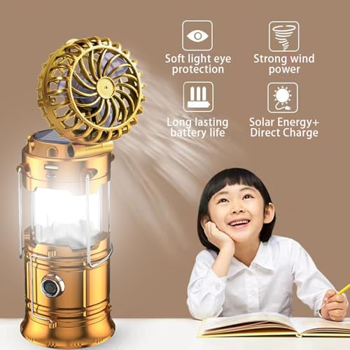 5-in-1 Portable LED Camping Lantern with Fan, Solar/USB Rechargeable, Lightweight ABS (Silver, 17.7X10X7.7cm) J974397