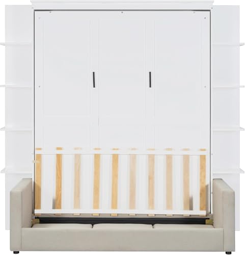 Queen Size Wood Murphy Bed with Storage Shelves and Sofa S257895
