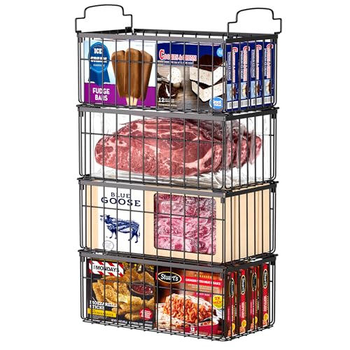 4 Pack Stackable Black Freezer Organizer Bins with Handles I871