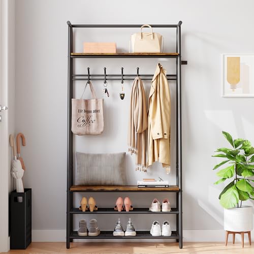 Coat Rack Shoe Bench with 5 Hooks, Wood Look Accent Furniture with Metal Frame B742