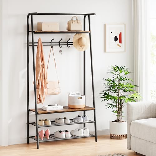Coat Rack Shoe Bench with 5 Hooks, Wood Look Accent Furniture with Metal Frame B742