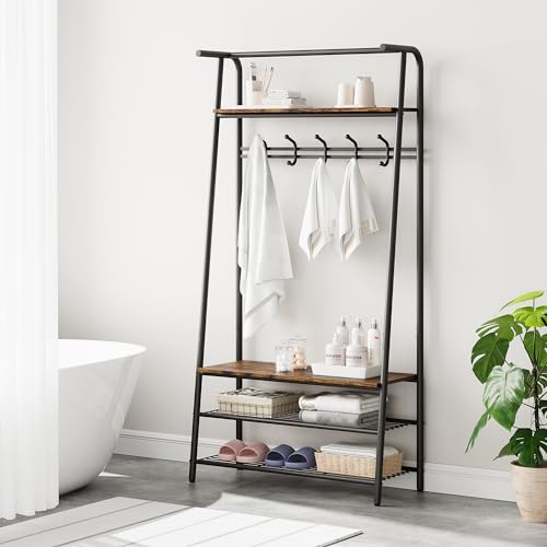 Coat Rack Shoe Bench with 5 Hooks, Wood Look Accent Furniture with Metal Frame B742